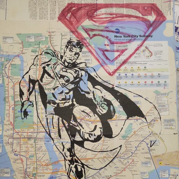 Hand-painted Superman Acrylic Artwork on a NYC Subway Map Rare Original - Picture 1 of 8